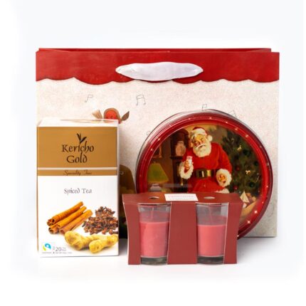 Santa and Robbins gift bag Kericho gold spiced tea Winterland tin cookies Cinnamon scented twin candles