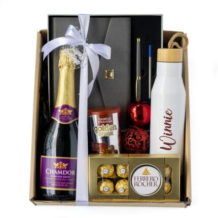 Executive notebook and pen set Thermal bottle Chamdor non-alcoholic drink Ferrero T8 Golden break hazel nut cream rolls Brown box Acrylic tag and decorative accessories